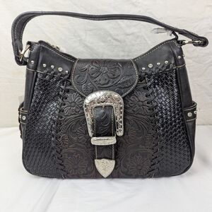 Trinity Ranch NWT Tooled/Weaved Black Leather Bag Silver & Rhinestone Accents